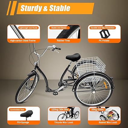 Tricycle de 26 Pouces Réglable en Hauteur Vélo Cargaison avec Sonnette d'avertissement et Panier à Provisions à 6 Vitesses Tricycle Vélo de Ville pour la Conduite pour Adultes, Personnes âgées Noir