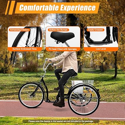 Tricycle de 26 Pouces Réglable en Hauteur Vélo Cargaison avec Sonnette d'avertissement et Panier à Provisions à 6 Vitesses Tricycle Vélo de Ville pour la Conduite pour Adultes, Personnes âgées Noir