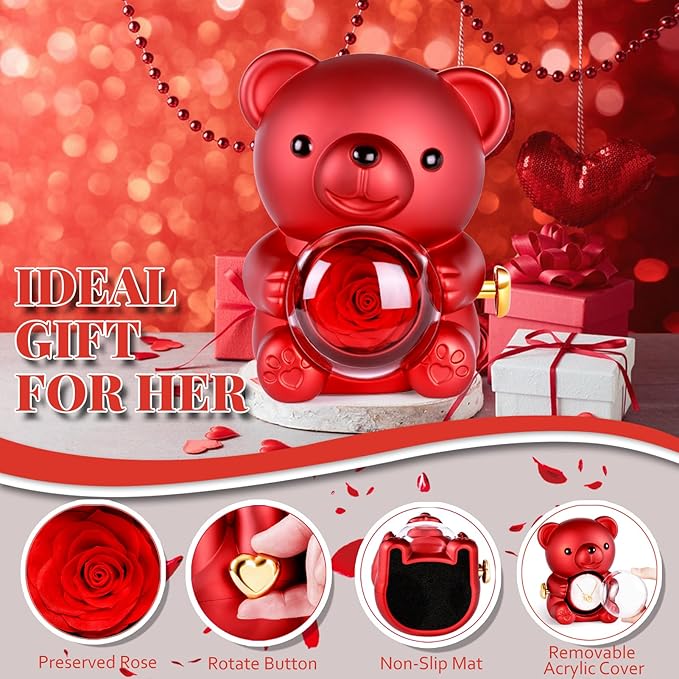 Ours Rose Eternelle avec Bijoux Cachée, Ourson avec Rose Eternel, Cadeau Saint Valentin pour Femme, Cadeau Anniversaire Femme, Idées Cadeaux Noël et Fête des Mères pour Maman, Fleur Eternelle Ours